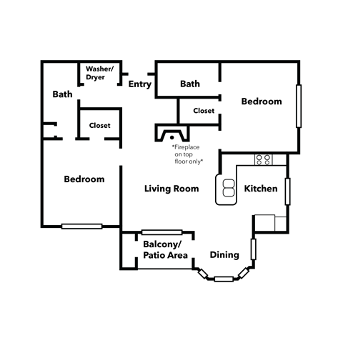 Floor plan for 2 beds, 2 baths, 1054 sqft